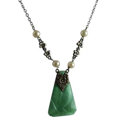 Vintage Art Deco German Necklace Green Glass Pend… - image 1