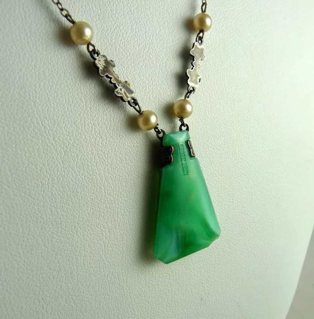 Vintage Art Deco German Necklace Green Glass Pend… - image 2