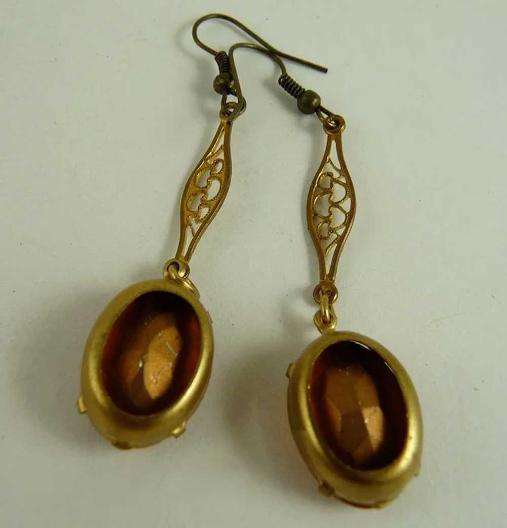 Vintage Art Deco Drop Earrings Amber Stones - image 2