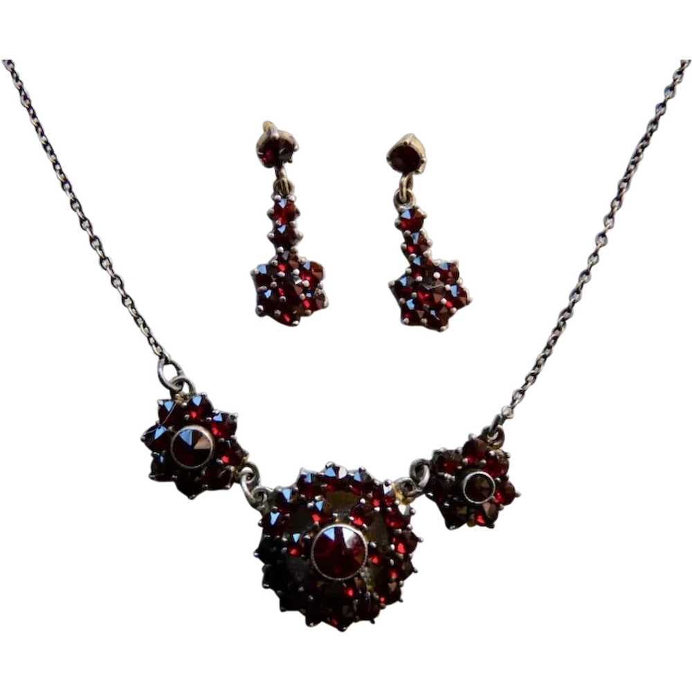 Vintage Bohemian Garnet Necklace Earrings Set - image 1