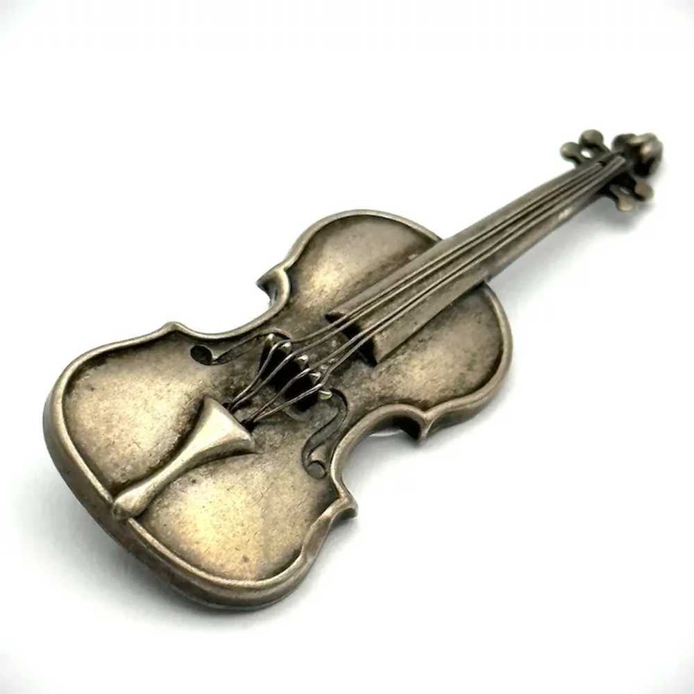 Unisex vintage sterling silver violin pin / brooc… - image 5