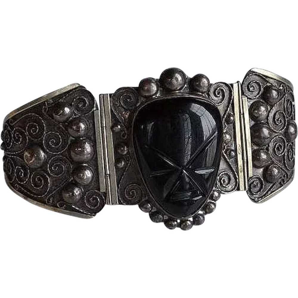 Art Deco MEXICAN carved black onyx aztec mask fac… - image 1