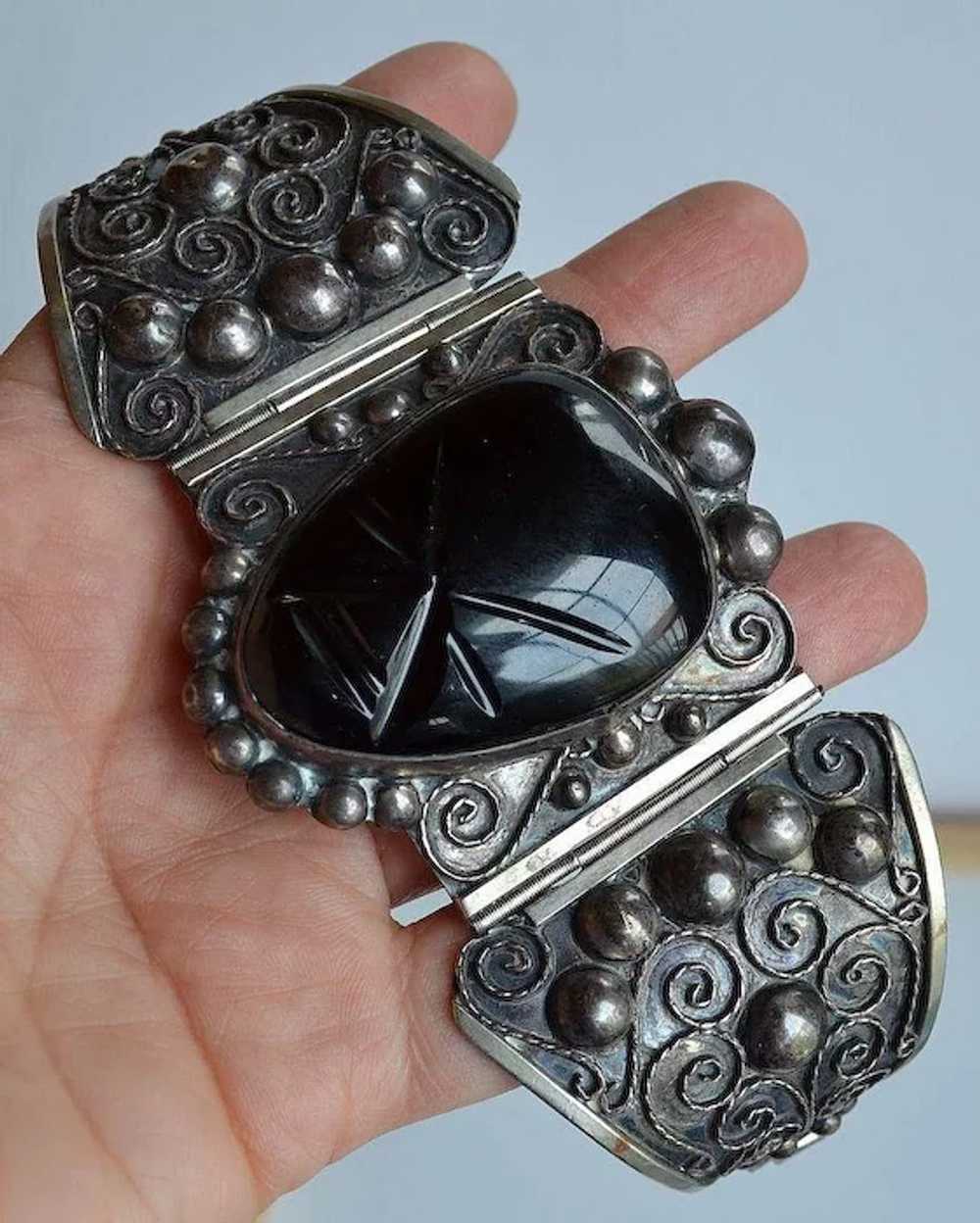 Art Deco MEXICAN carved black onyx aztec mask fac… - image 6