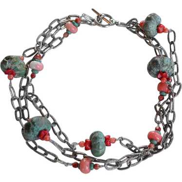 STATEMENT Sterling silver 925 Chinese outlet turquoise melon beads red and pink salmon coral 3 rows chain station Necklace choker