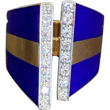 '70s Blue Enamel Diamond Ring 18k