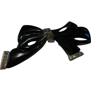 Bakelite Rhinestone Bow Pin - image 1