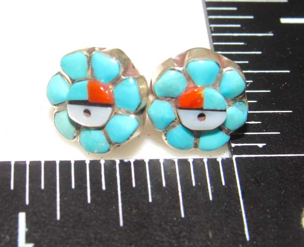 Vintage Zuni Inlay Sunface Post Earrings Turquois… - image 3