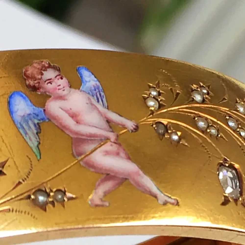 Antique 18K Gold CUPID CHERUB Enamel Diamond Ruby… - image 3