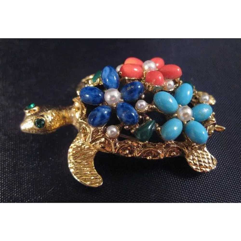 Gorgeous ART Sea Turtle Pin with Turquoise, Coral… - image 1