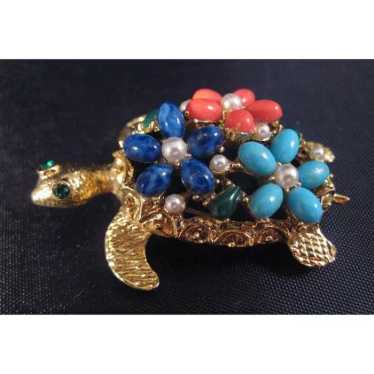 Gorgeous ART Sea Turtle Pin with Turquoise, Coral… - image 1