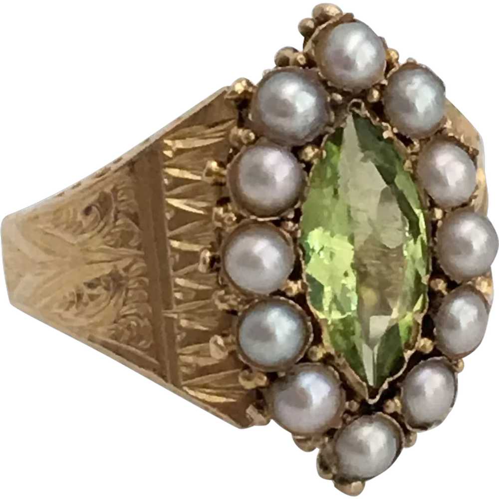 Victorian Peridot Seed Pearl Engraved 15K Gold Ri… - image 1