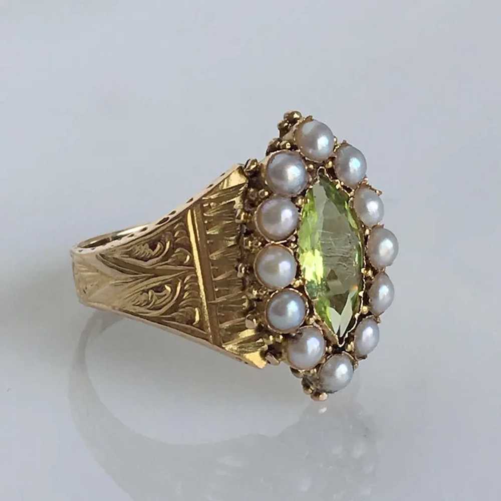 Victorian Peridot Seed Pearl Engraved 15K Gold Ri… - image 2