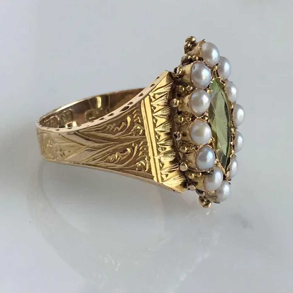 Victorian Peridot Seed Pearl Engraved 15K Gold Ri… - image 3