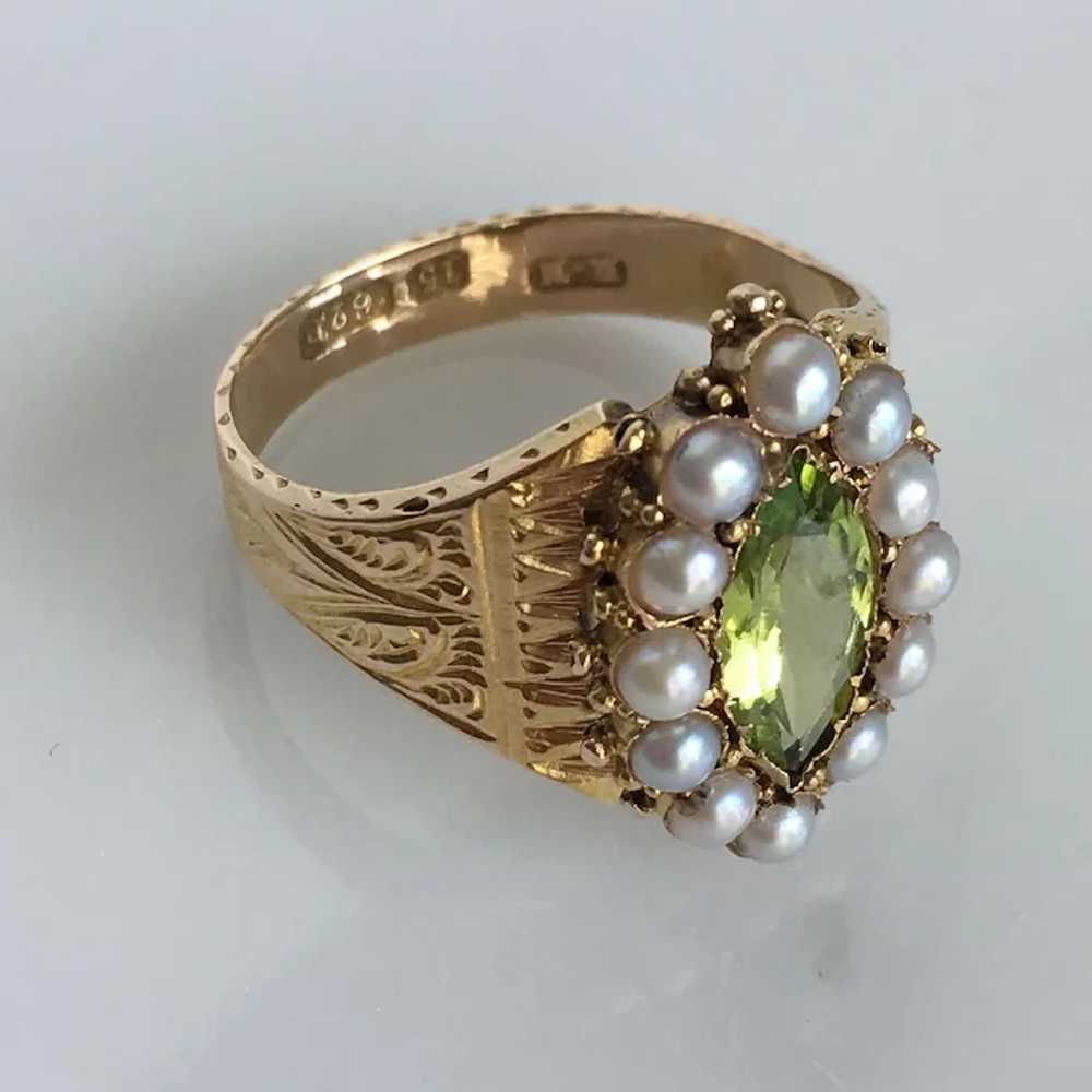 Victorian Peridot Seed Pearl Engraved 15K Gold Ri… - image 4