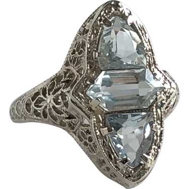 Edwardian Aquamarine Filigree 14K White Gold Ring