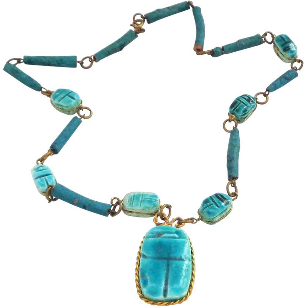 Egyptian Revival Turquoise Faience Scarab Necklace - image 1