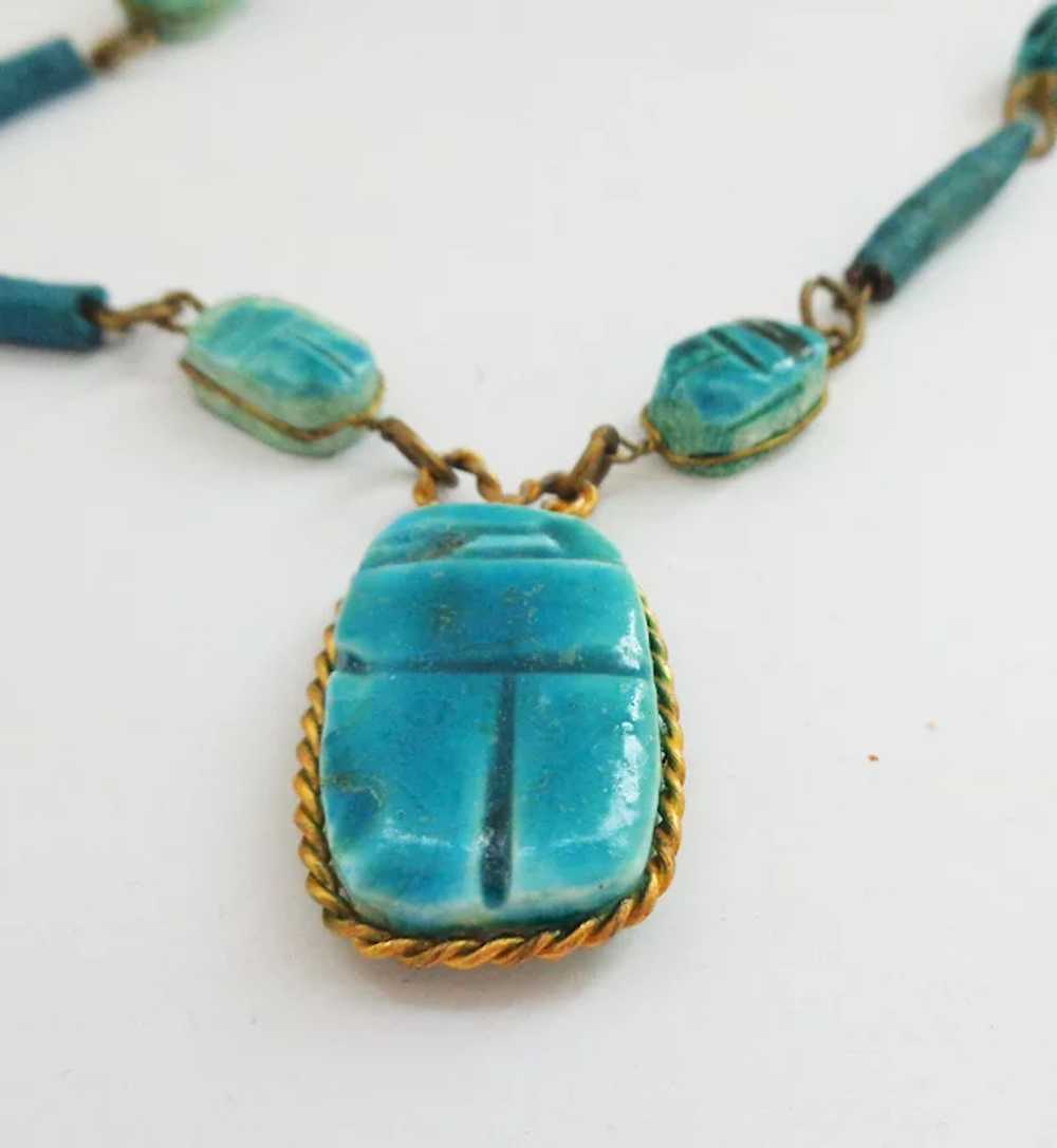Egyptian Revival Turquoise Faience Scarab Necklace - image 2
