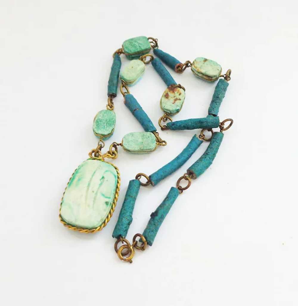 Egyptian Revival Turquoise Faience Scarab Necklace - image 3
