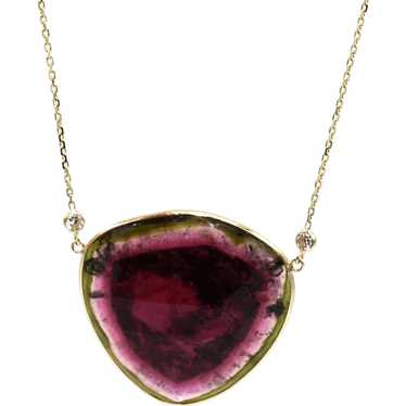 37CT Watermelon Tourmaline Diamond Necklace in 14K