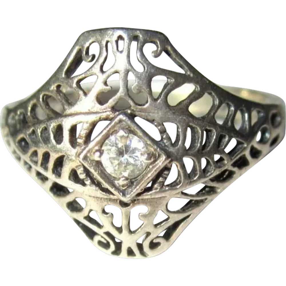 Sterling Filigree Ring, Rhinestone, Art Nouveau R… - image 1