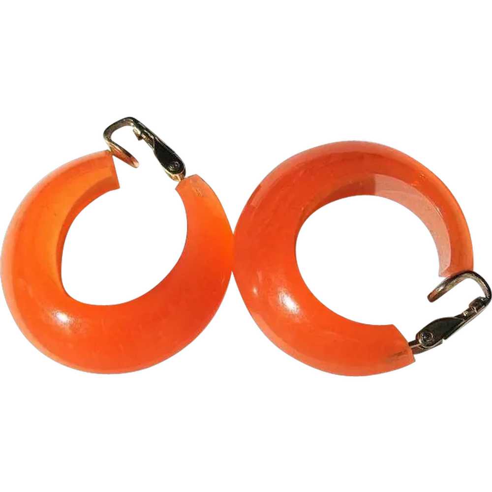 Vintage Lucite Hoop Earrings, 1960's Orange - image 1