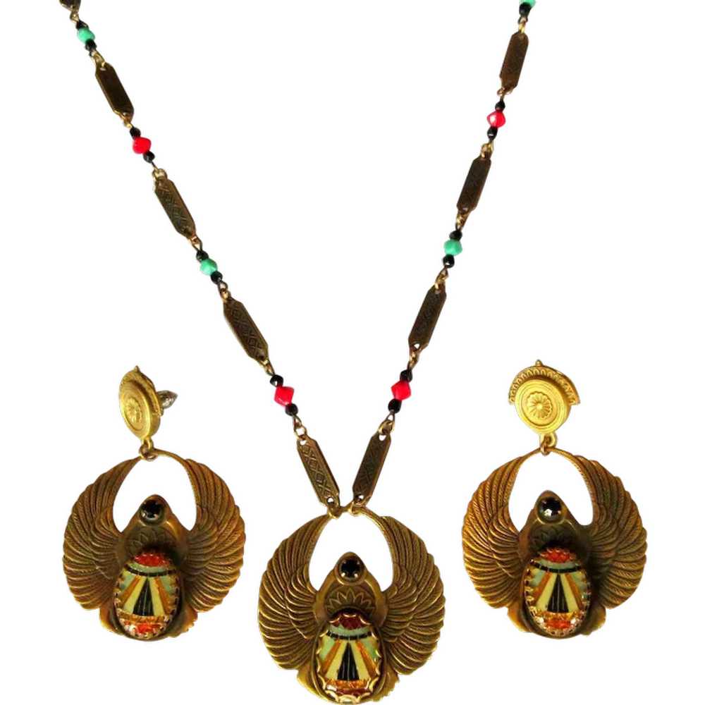 Egyptian Revival Necklace & Earrings, Vintage Art… - image 1