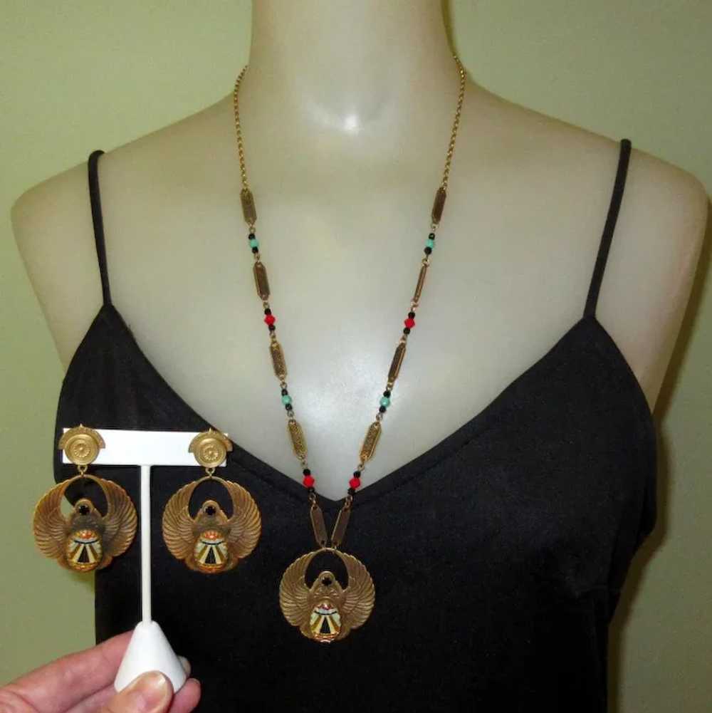 Egyptian Revival Necklace & Earrings, Vintage Art… - image 3