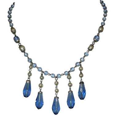 Czech Glass Necklace, Sapphire Blue & Glass Pearl… - image 1