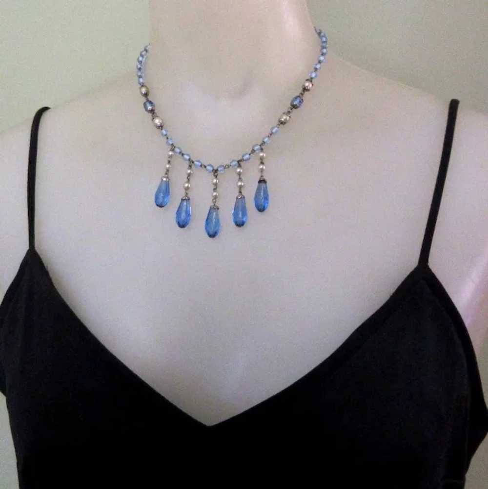 Czech Glass Necklace, Sapphire Blue & Glass Pearl… - image 2