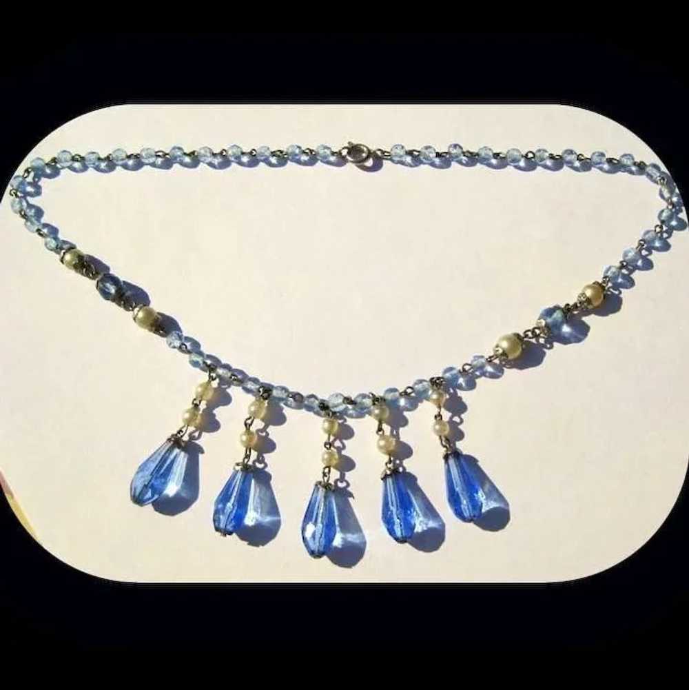 Czech Glass Necklace, Sapphire Blue & Glass Pearl… - image 3