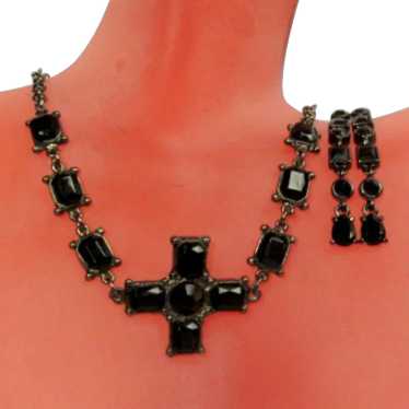Vintage Goth Necklace & Earring Set, Black Rhinest