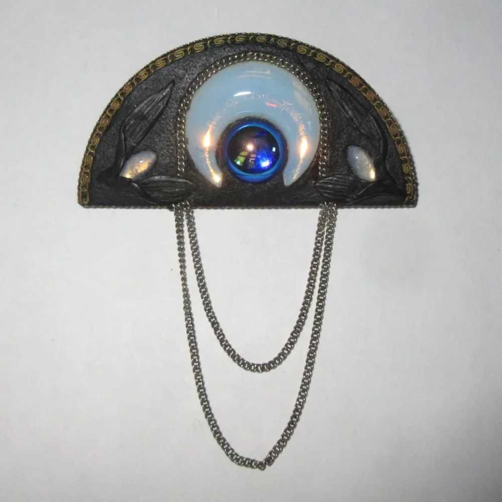 Egyptian Revival Brooch / Pin Opaline Glass Cresc… - image 2