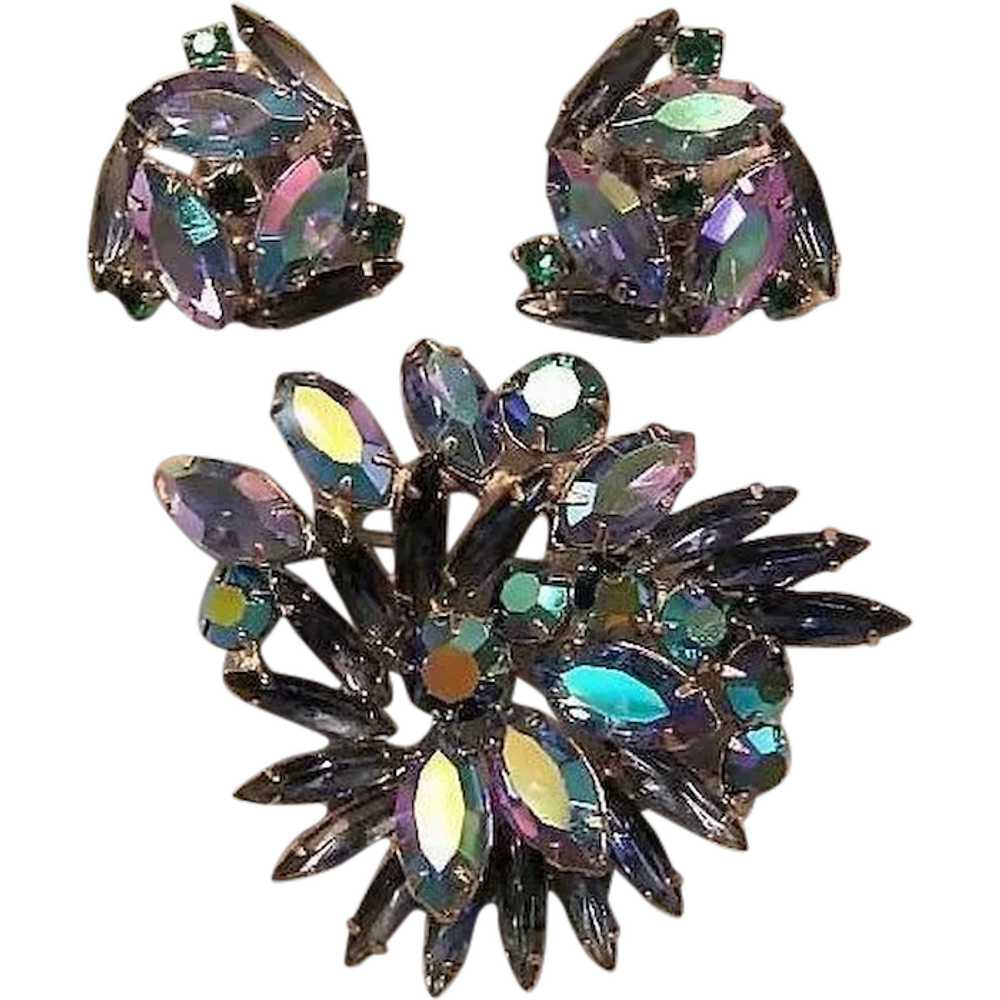 Weiss Blue Aurora Borealis  Pin and Earrings Set - image 1