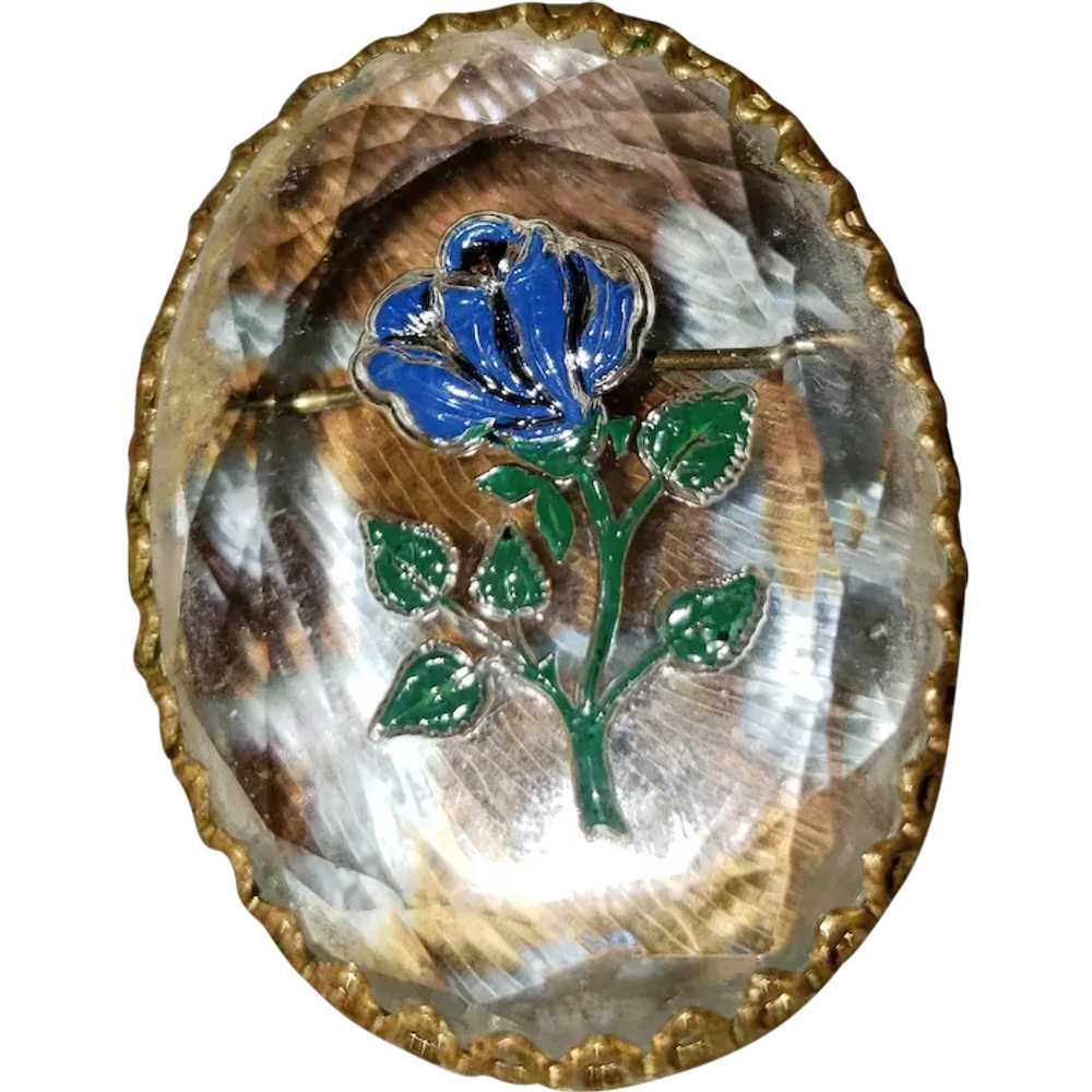 Reverse Painted Intaglio Faceted Crystal Brooch F… - image 1