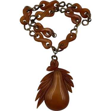 Rare Carved Moonglow Bakelite Pendant Necklace - image 1