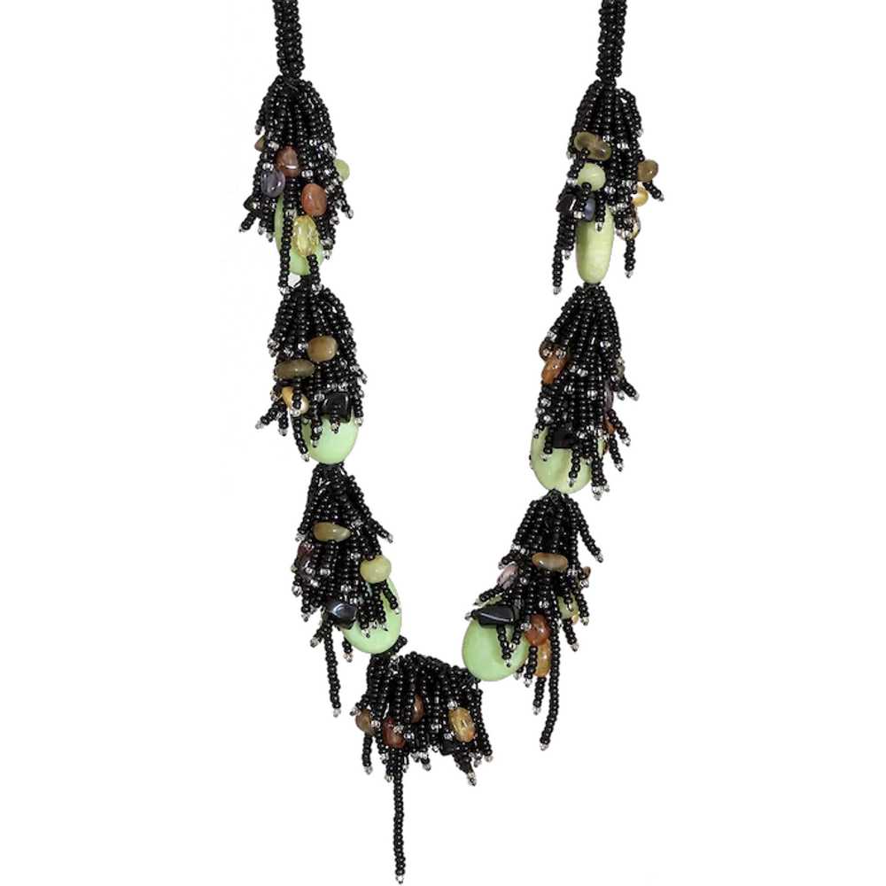 Black Seed Beads Necklace with Green Serpentine, … - image 1