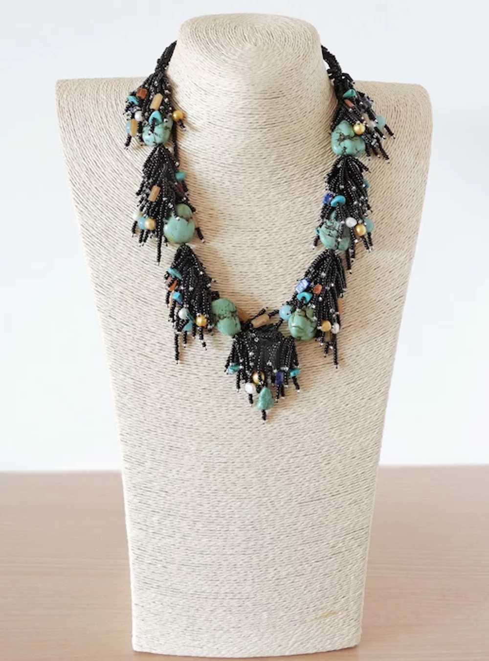 Black Seed Beads Necklace with Green Serpentine, … - image 2