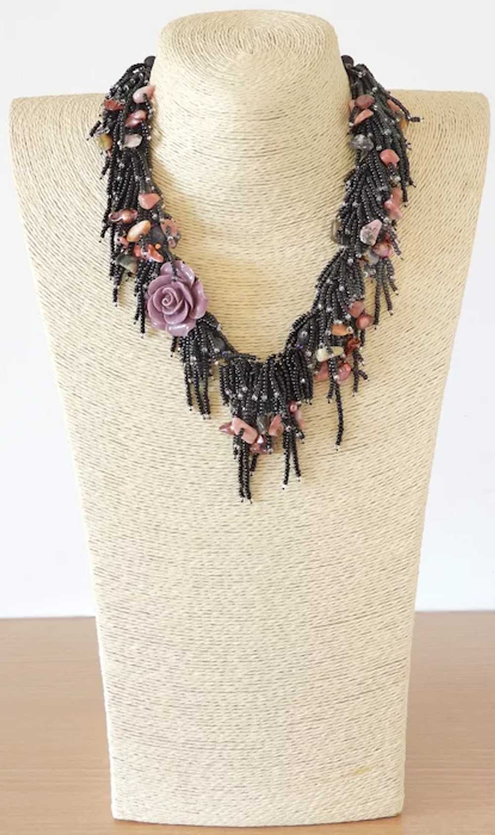 Black Seed Beads with Coral Flower Multi Strand G… - image 2