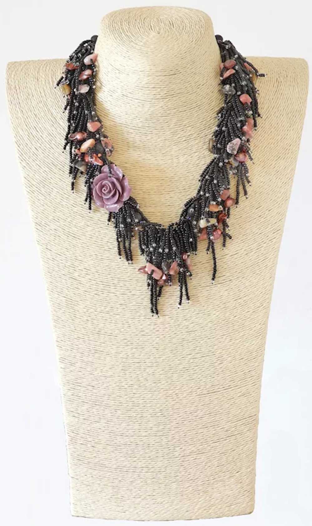 Black Seed Beads with Coral Flower Multi Strand G… - image 3