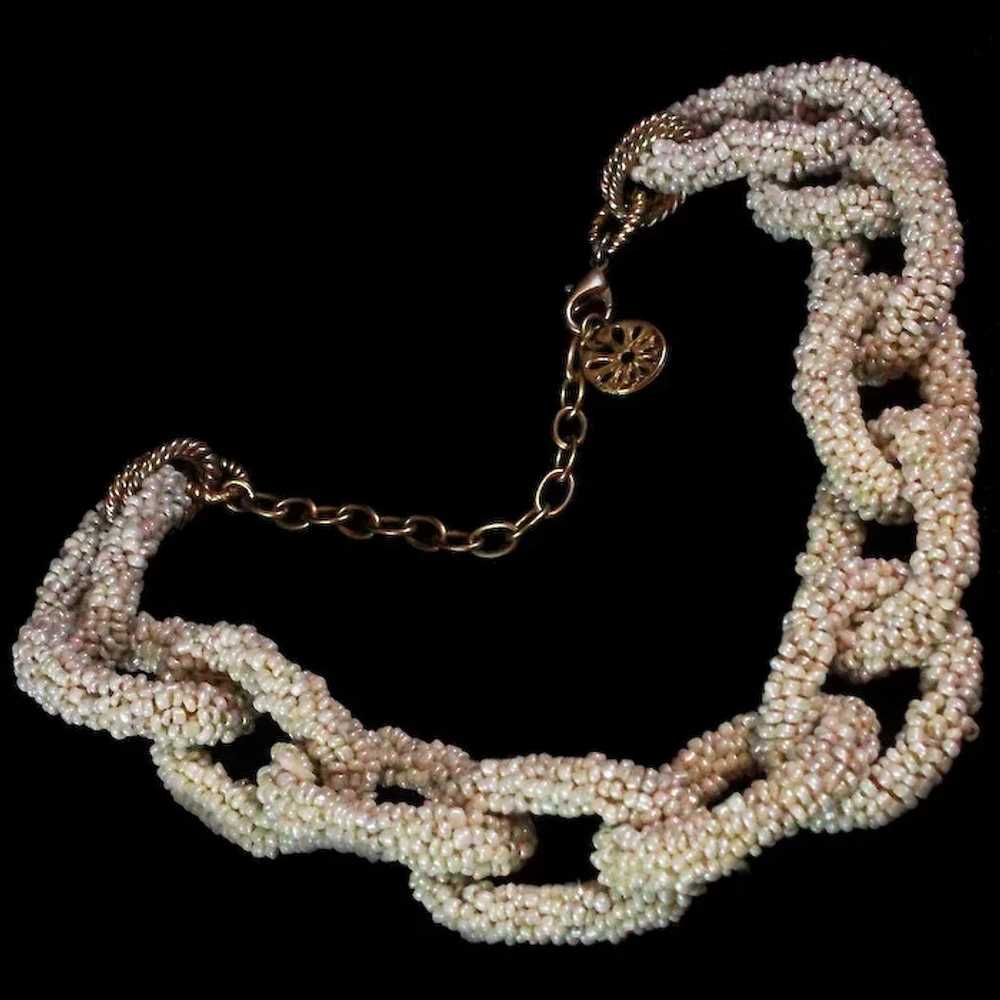 Woven Glass Seed Bead Link Necklace 21"  Gold Ton… - image 2