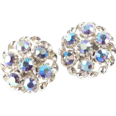 Aurora Borealis Rhinestone Domed Button Earrings