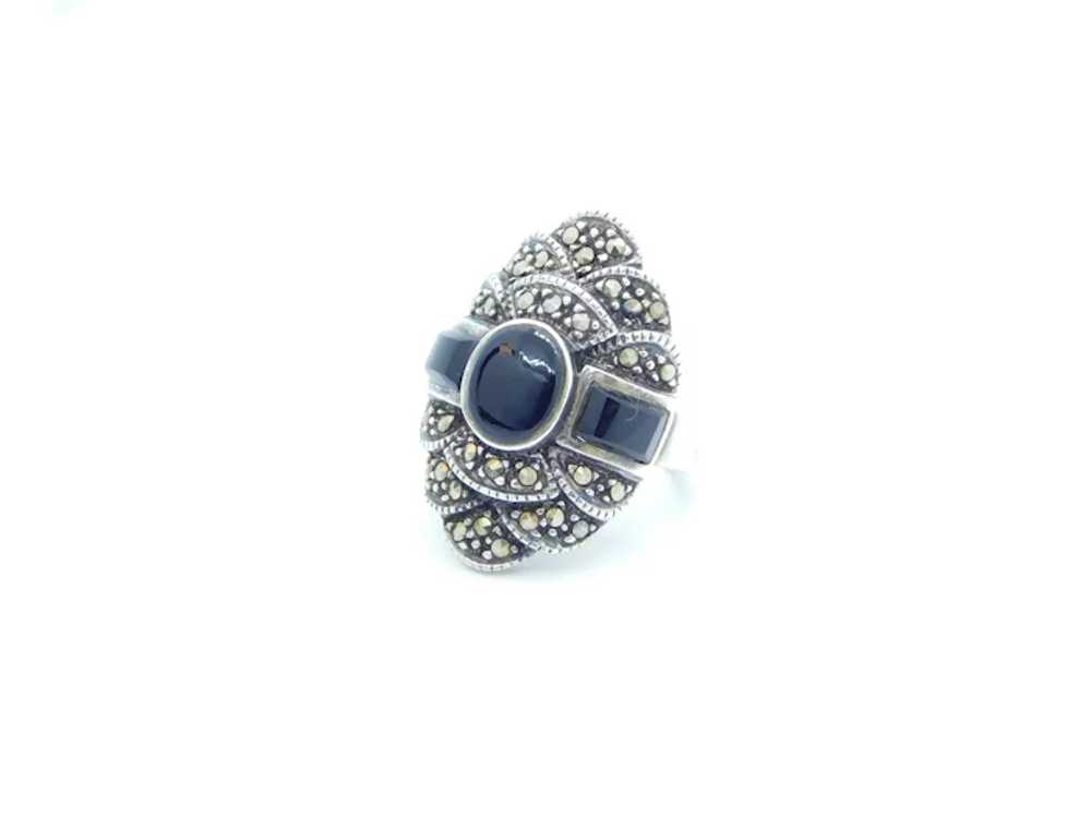 Onyx and Marcasite Ring Sterling Silver - image 2