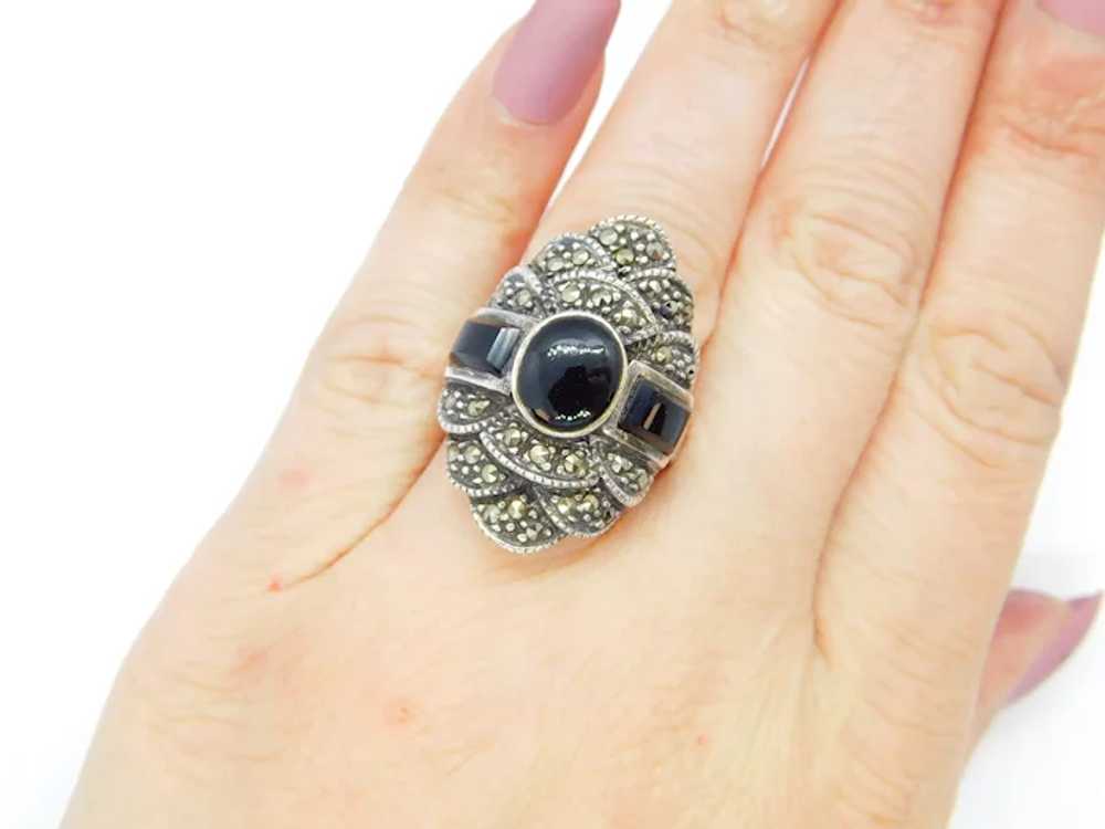 Onyx and Marcasite Ring Sterling Silver - image 7
