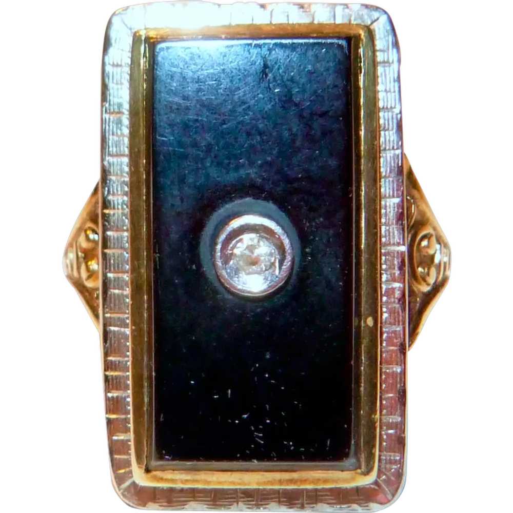 A Vintage 14 K Gold Onyx and Diamond Ring - image 1