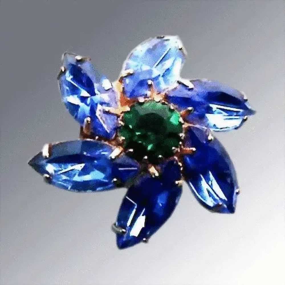 Blue and Green Rhinestone Flower Brooch - image 1