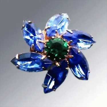 Blue and Green Rhinestone Flower Brooch - image 1