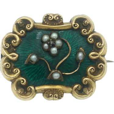 Antique Green Enamel and Seed Pearl Forget Me Not… - image 1