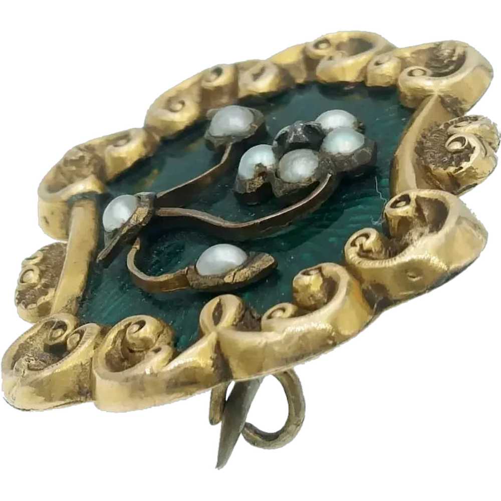 Antique Green Enamel and Seed Pearl Forget Me Not… - image 2