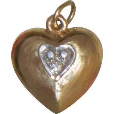 Vintage Small 14K Gold Puffy Heart Diamond Charm … - image 1