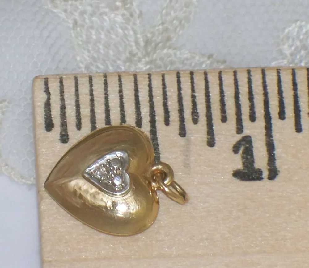 Vintage Small 14K Gold Puffy Heart Diamond Charm … - image 2